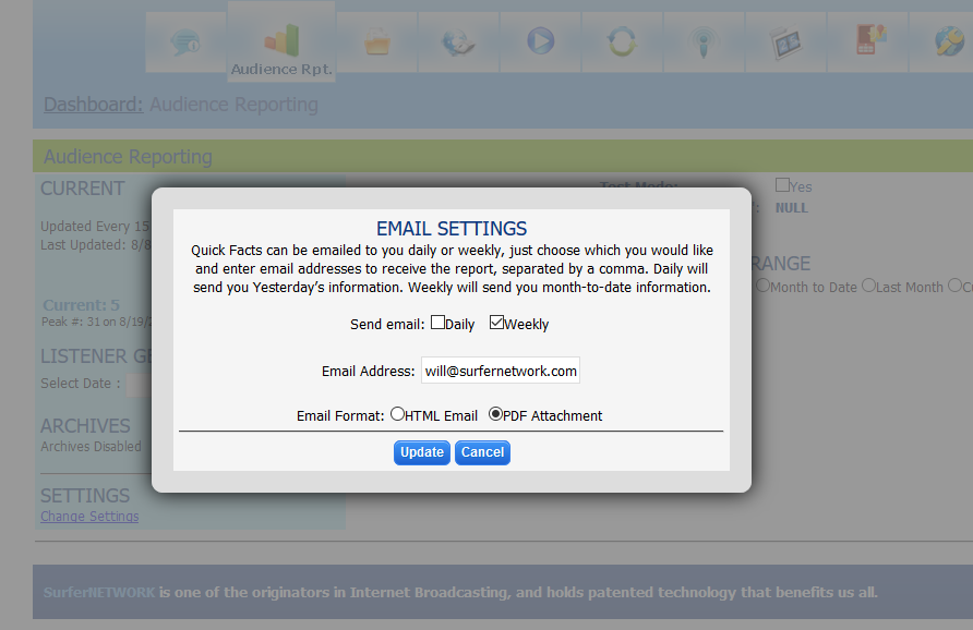View of Email Setup in Audience Reporting